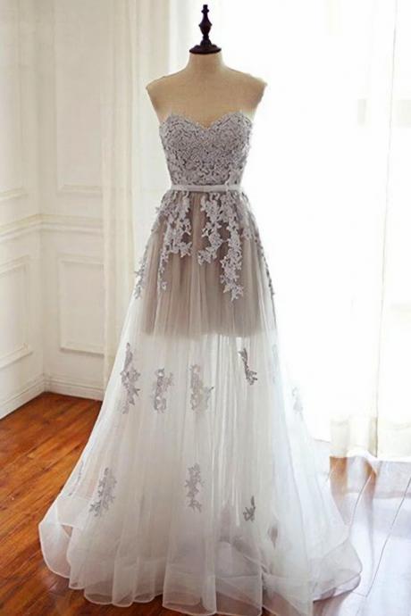Elegant Sleeveless Appliques Tulle A Line Formal Prom Dress, Beautiful Long Prom Dress, Banquet Party Dress