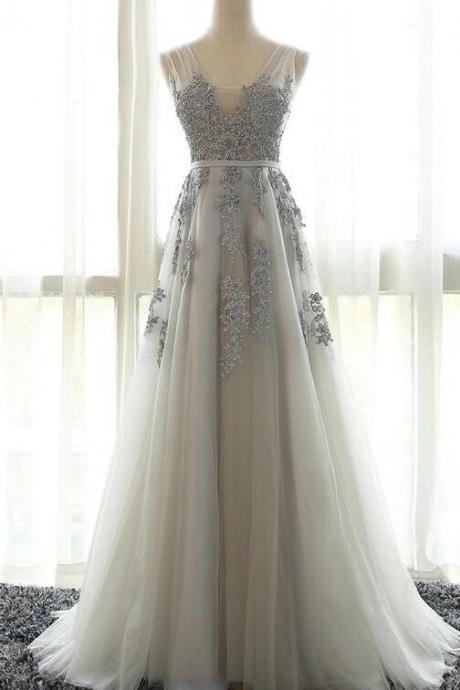 Elegant V Neck Appliques Tulle Formal Prom Dress, Beautiful Long Prom Dress, Banquet Party Dress