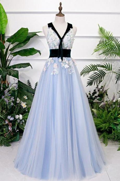 Elegant Tulle With Flowers Lace Formal Prom Dress, Beautiful Long Prom Dress, Banquet Party Dress
