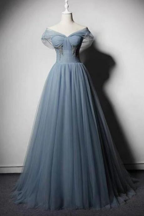 Elegant Tulle Off Shoulder Beaded Formal Prom Dress, Beautiful Long Prom Dress, Banquet Party Dress