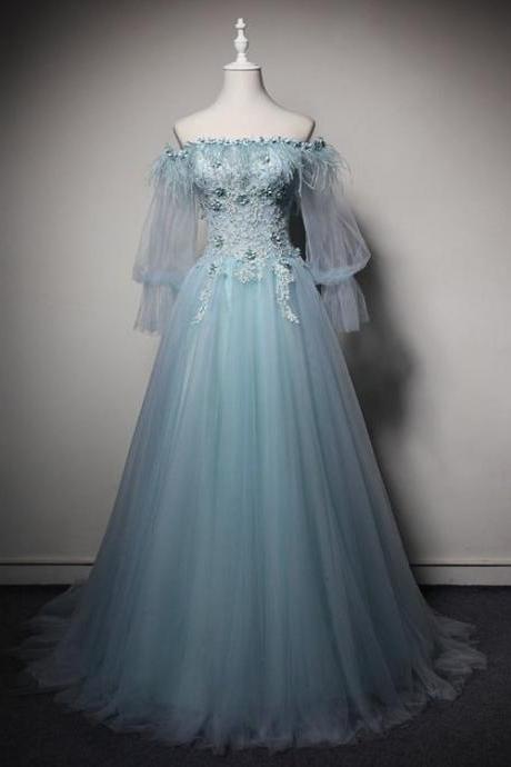 Elegant Lovely Off Shoulder Long Sleeves Tulle Formal Prom Dress, Beautiful Long Prom Dress, Banquet Party Dress