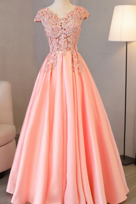 Elegant A-line Cap Sleeve Appliques Satin Formal Prom Dress, Beautiful Long Prom Dress, Banquet Party Dress