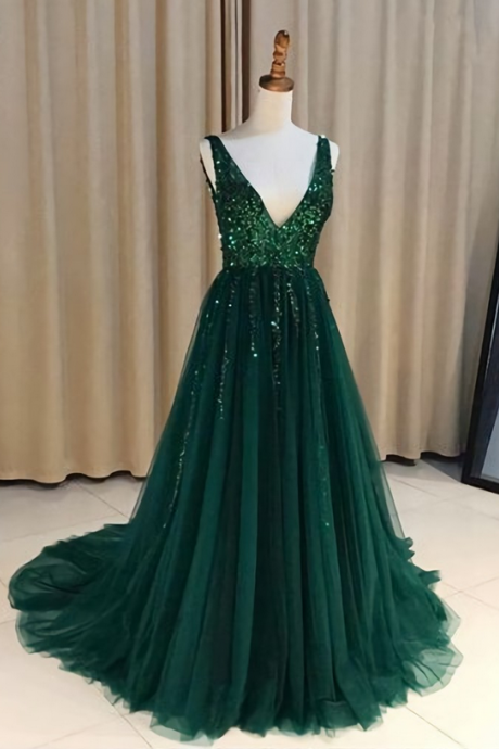 Elegant A-line V Neck Tulle Formal Prom Dress, Beautiful Long Prom Dress, Banquet Party Dress