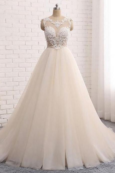 Elegant Round Neck Lace Tulle Formal Prom Dress, Beautiful Long Prom Dress, Banquet Party Dres
