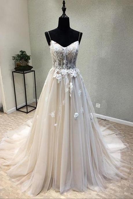 Elegant Straps Lace Tulle Formal Prom Dress, Beautiful Long Prom Dress, Banquet Party Dress