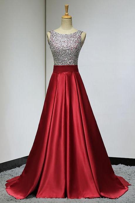 Elegant A-line Sequins Satin Formal Prom Dress, Beautiful Long Prom Dress, Banquet Party Dress