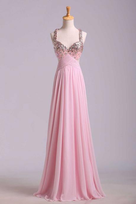 Elegant Sweetheart Sequins Cross Back Chiffon Formal Prom Dress, Beautiful Long Prom Dress, Banquet Party Dress