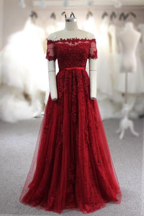 Elegant Off-the-shoulder Lace Tulle Formal Prom Dress, Beautiful Long Prom Dress, Banquet Party Dress