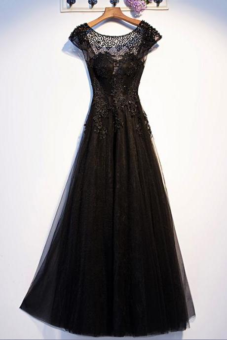 Black O-neck Evening Dress Fashion Embroidery Floor-length Backless Short Sleeves A-line Plus Size Women Formal Party Gown C1442