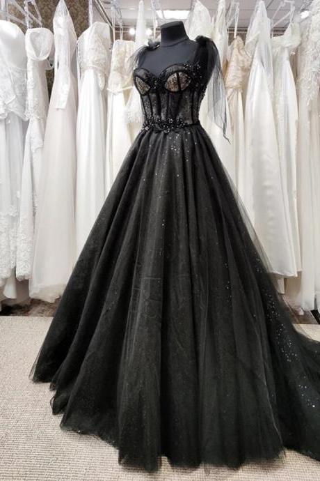 Gothic Black Wedding Dresses Sexy Ball Gown Prom Dress Glitter Sweetheart Party Dresses