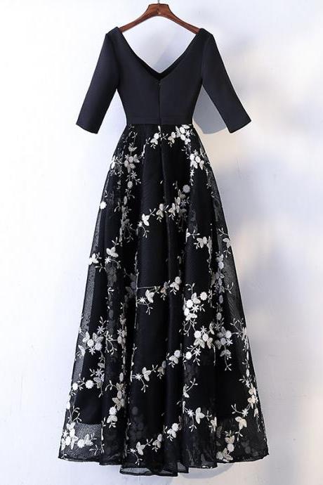 Half Sleeves V-neck Evening Dress Elegant Embroidery A-line Zipper Back Floor-length Plus Size Women Formal Party Gown