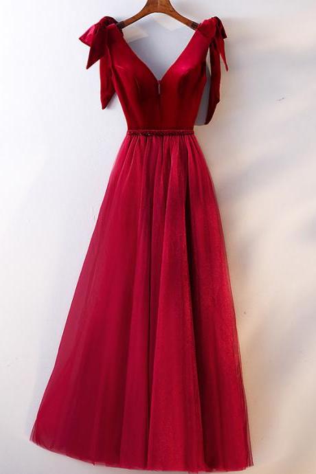 Evening Dress Deep V-neck Sleeveless Floor-length Fashion A-line Pleat Tulle Burgundy Plus Size Women Formal Party Gown