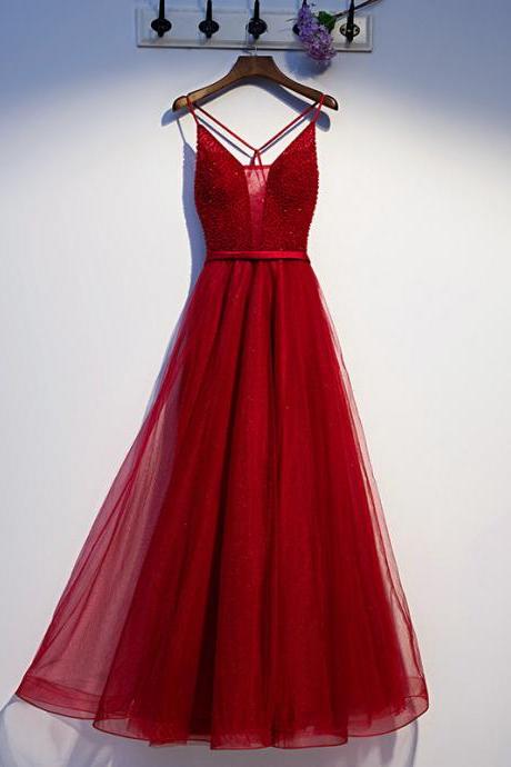 Evening Dress Beads Deep V-neck Floor-length Elegant Spaghetti Strap Backless A-line Plus Size Women Formal Party Gown