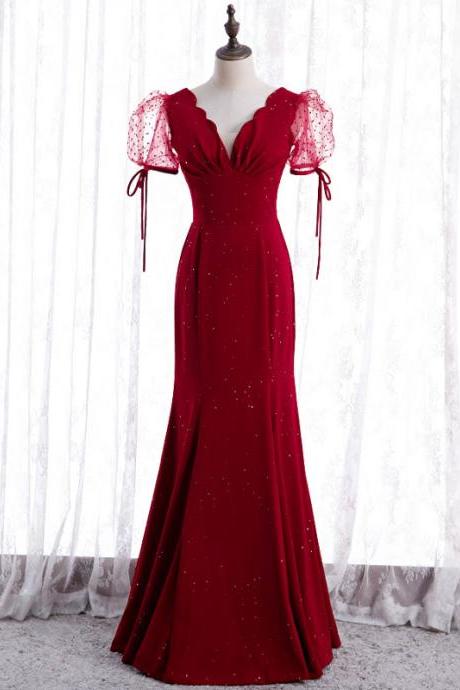 Evening Dress Burgundy Simple Deep V-neck Short Sleeves Mermaid Elegant Lace Up Floor-length Party Formal Dresses Woman