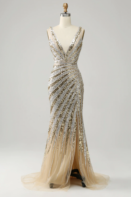 Mermaid Deep V Neck Golden Long Prom Dress with Silt Sequin Evening dress