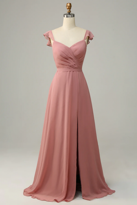 Dusty Rose A Line Ruffles Long Bridesmaid Dress With Slit