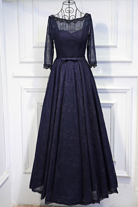 Evening Dress O-neck Three Quarter Sleeves Lace Up Pleat Floor-length Navy Blue A-line Plus Size Woman Formal Party Gowns