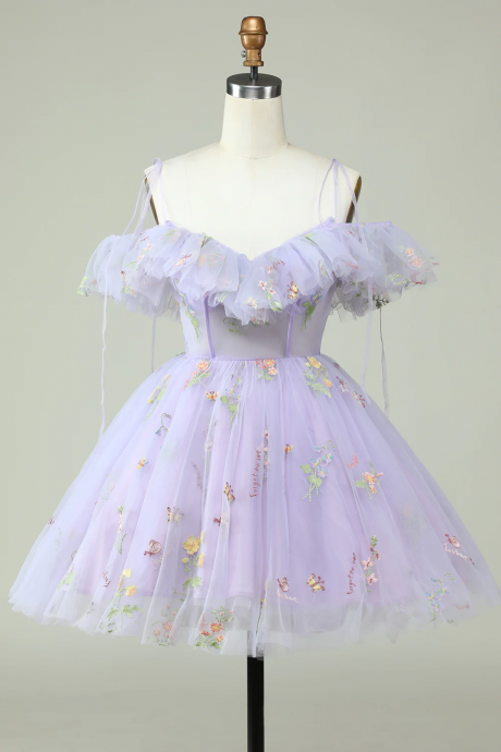 Lavender Off The Shoulder Corset Homecoming Dress With Ruffles