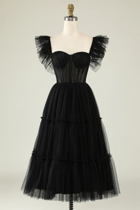 A-line Tulle Sweetheart Black Cocktail Dress Homecoming Dress