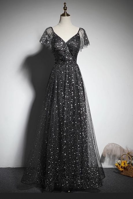 V-neck Short-sleeved Dress Black Evening Dress A-line Dress Party Dress