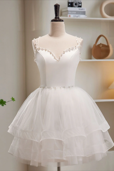 Short Homecoming Dress, White Tulle Short Prom Dresses, Cute White Puffy Homecoming Dresses
