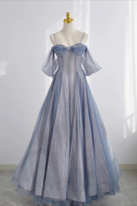 Prom Dress, Gray Blue Tulle Prom Dress, Blue A Line Formal Dresses