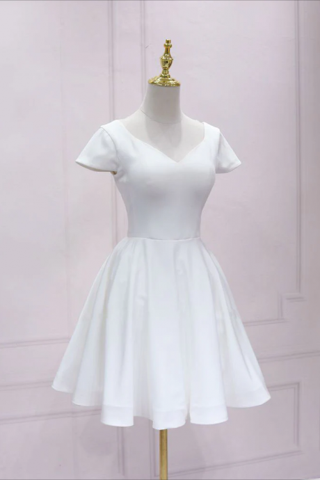 Short Homecoming Dress, Simple White V Neck Lace Short Prom Dress, White Bridesmaid Dress
