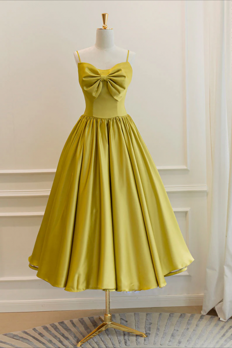 Short Homecoming Dress, Simple Yellow Satin Tea Length Prom Dress, Yellow Homecoming Dress