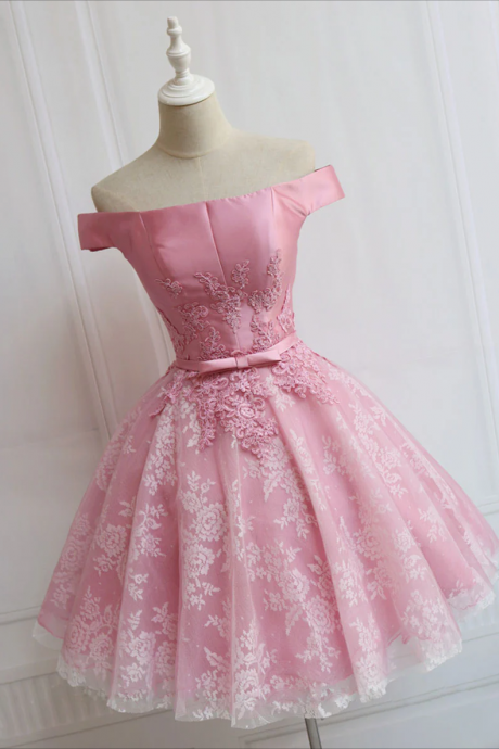 Short Homecoming Dress, Tulle Of Shoulder Lace Short Pink Prom Dress Lace Homecoming Dress