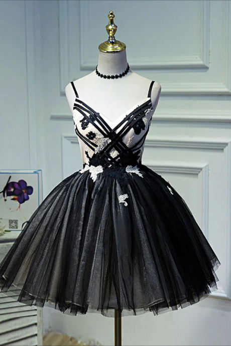Short Homecoming Dress, Unique Black Tulle Short Prom Dress, Black Homecoming Dresses