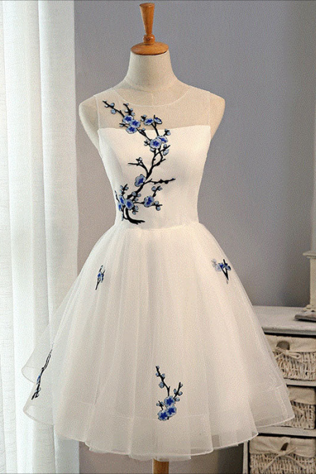Short Homecoming Dress, White A-line Tulle Short Prom Dress, White Evening Dress
