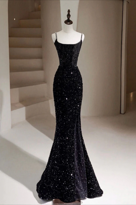 Prom Dress, Simple Mermaid Velvet Sequin Black Long Prom Dress, Black Long Evening Dress