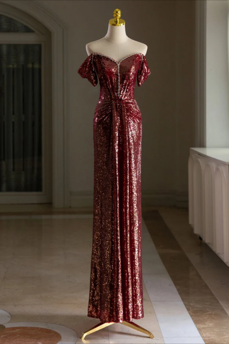 Prom Dress, Simple Off Shoulder Sequin Burgundy Long Prom Dress, Burgundy Long Evening Dress