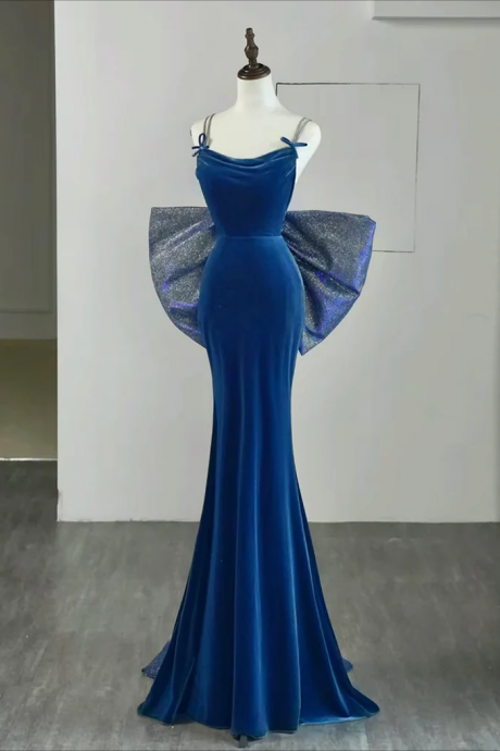 Prom Dress, Simple Velvet Blue Mermaid Long Prom Dress, Backless Velvet Blue Evening Dress