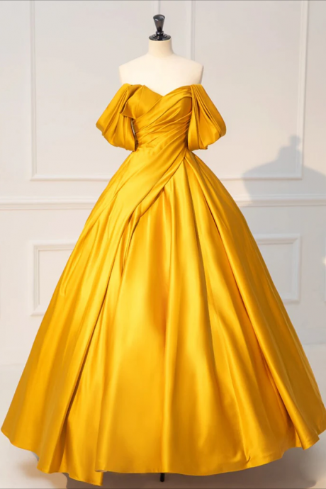 Prom Dress,a-line Off Shoulder Yellow Long Prom Dress, Yellow Satin Long Evening Dress