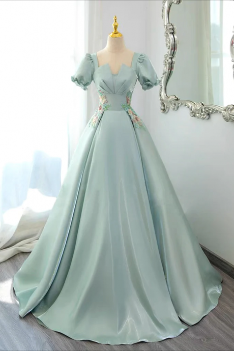 Prom Dress, A-line Satin Lace Applique Green Long Prom Dress, Green Long Formal Dress