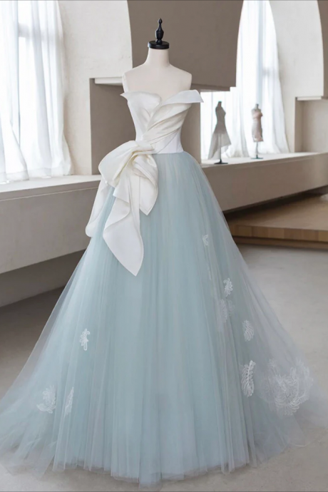 Prom Dress, A-line Blue Tulle Lace Applique Long Prom Dress, Blue Long Formal Dress