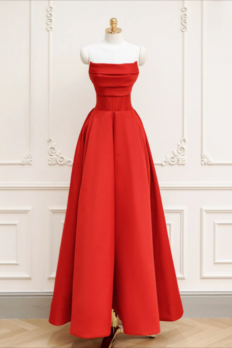 Prom Dress, Red A-line Satin Long Prom Dress, Red Long Formal Dress