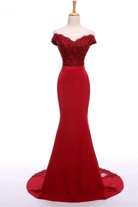 Red Floor Length Mermaid Prom Dress Featuring Lace Appliquéd And Sequinned Off The Shoulder Bodice