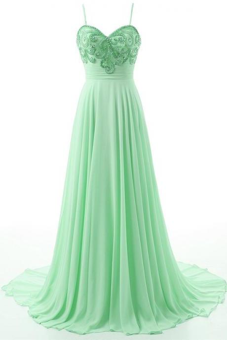 Floor Length Light Green Formal Dresses Showcases Spaghetti Straps Beaded Bodice ,sexy Chiffon A Line Evening Gowns, Prom Dresses