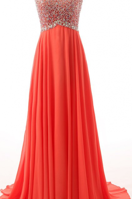 Coral Long Chiffon Formal Dresses Showcases Beaded One Shoulder ,Sexy Backless Evening Gowns,Prom Dresses