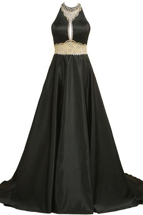 Black Satin Keyhole Prom Dresses With Halter Neckline,sexy Beaded Beaded Evening Gowns