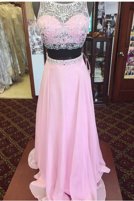 Brilliant Pink Long Chiffon Prom Dresses ,showcases Beaded Sheer Bateau Neckline,two Piece Prom Dresses,sexy Evening Gowns,formal Dresses