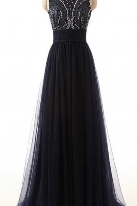 Bateau Neckline Beaded A-line Long Prom Dress with Bowknot Sash and Open Back