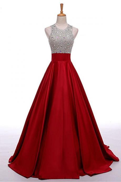 Red Sleeveless Crystal Embellished Bodice Satin Floor Length Prom Dress