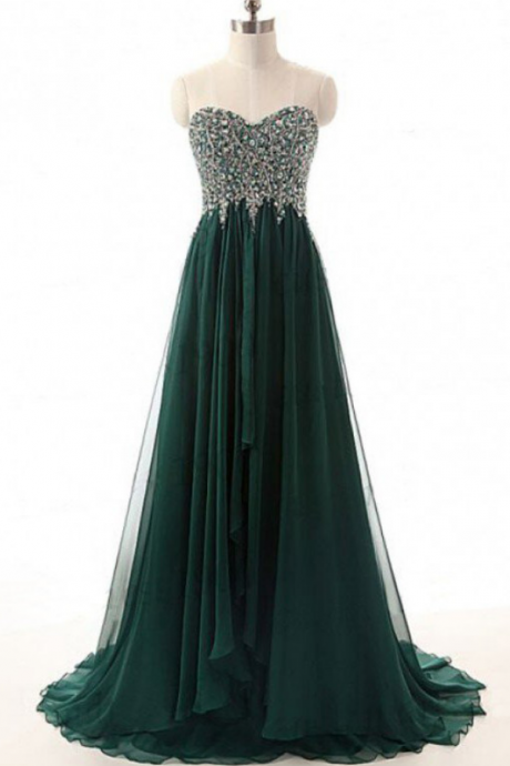 Hunter Green Strapless Floor-length Chiffon Prom Dress With Beaded Bodice