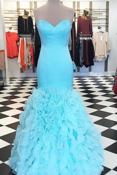 Strapless Sweetheart Neckline Ruffle Tulle Mermaid Prom Dresses, Wedding Dress