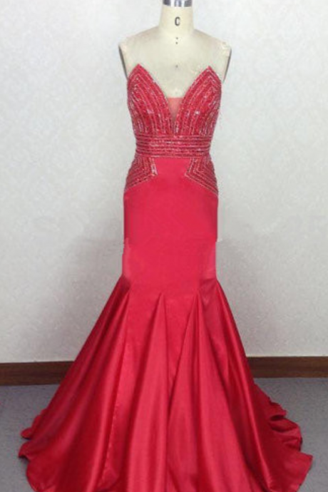Plunging V Sweetheart Beaded Mermaid Long Prom Dress, Evening Dress Featuring Open Back