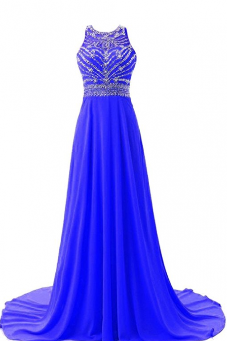 Royal Blue Ball Gown Chiffon Beaded Prom Formal Dresses