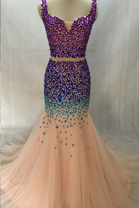 Fashion Sweetheart Sparkly Beaded Glitter Diamond Rhinestones Mermaid Crop Top 2 Two Piece Prom Dresses